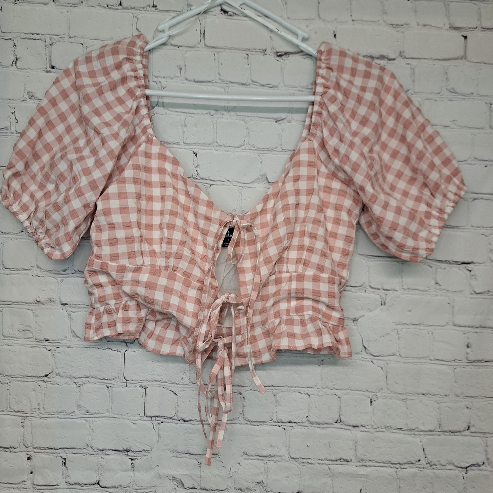 Tie Front Short Puff Sleeve Cotton Gingham Plaid Crop Top Pink
